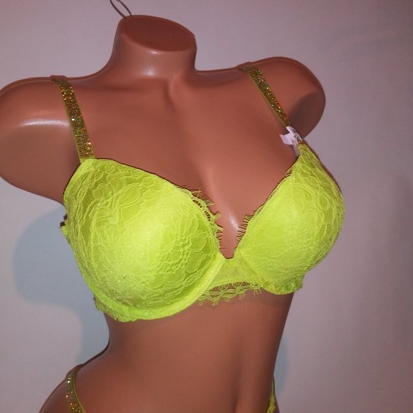 Victoria Secret Bra Set 36C Push Up Medium Thong Panty Yellow-Green Shine Strap - Picture 2 of 12